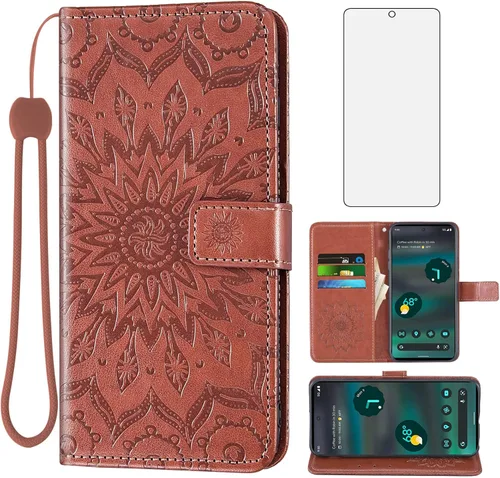 Vista 13 de Asuwish Funda de teléfono para Google Pixel 6A 5G 2022 con protector de pantalla de vidrio templado y piel de girasol, funda delgada con tapa