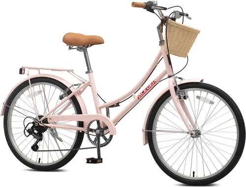 Vista 14 de ACEGER Girls Bike with Rattan Basket for 10+ Years, 24" 26" 1 & 7 Speed Comfort Commute Bicycle, Included Dual Brakes & Seat Rack, Adjustable