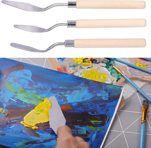 Vista 4 de Juego de cuchillos de paleta, 3 unids mango de madera pintura al óleo raspador cuchillo de paleta mango de madera pintura cuchillo conjunto