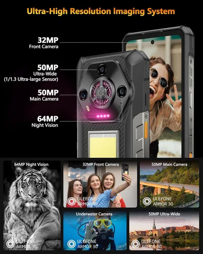 Vista 4 de Ulefone Armor 30 4G Android 15 Teléfono resistente, 24 GB+512 GB, pantalla FHD de 120 Hz de 6.95", luz LED versátil de 1236LM, cámara visión