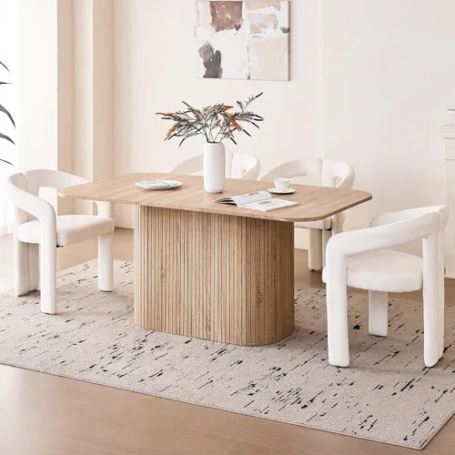 Vista 18 de Juego de 4 mesas de comedor grandes de 63 pulgadas para 4, esquinas redondeadas, mesa de cocina rectangular moderna de madera con sillas Boucle