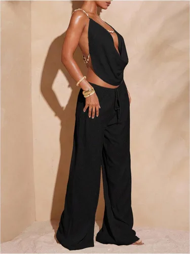 Vista 4 de MakeMeChic Pantalones de playa holgados para mujer Negro