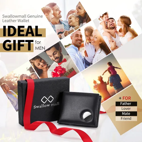Vista 53 de Swallowmall AirTag Billetera para hombre con bloqueo RFID, de piel auténtica, plegable, para AirTag con 1 ventana de identificación, 13 tarjeteros