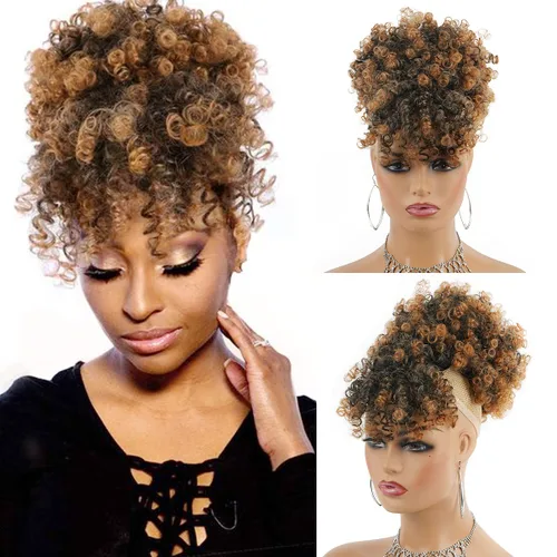 Vista 10 de Cola de caballo con cordón para mujeres negras Afro Puff Cola de caballo con cordón con flequillo Cola de caballo corta crespa y rizada Moño cola