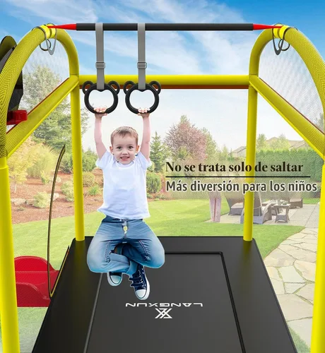 Vista 7 de Trampolín rectangular de 6.5 pies con columpio de baloncesto para escalada al aire libre para niños, trampolines de recreación con red de seguridad