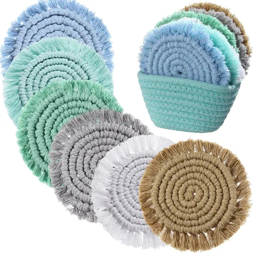 Vista 9 de Juego de 6 posavasos de algodón tejido bohemio absorbente con soporte para casa de campo, borla de macramé, regalo de inauguración de la casa