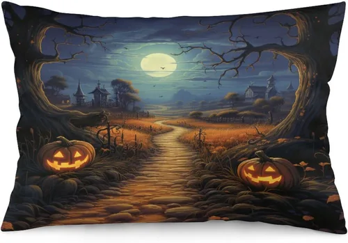 Vista 12 de Fundas de almohada frescas de casa embrujada, castillo, luna, bosque medieval, calabaza, fundas de almohada rectangulares con cremallera invisible