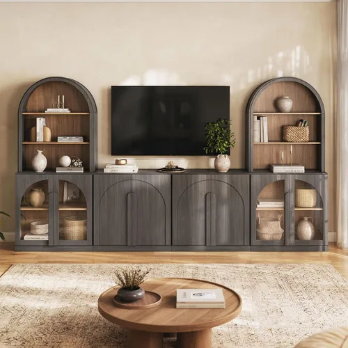 Vista 55 de BELLEZE Centro de entretenimiento modular de 4 piezas con almacenamiento, 2 vitrinas de madera moderna con gabinete arqueado y 2 armarios de puerta