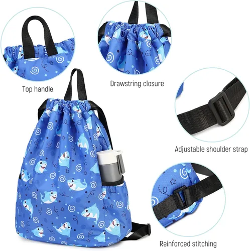 Vista 6 de Ryushoyo Bolsa impermeable con cordón para gimnasio, mochila deportiva para hombres, mujeres, niñas y niños, Tiburón Azul Oscuro, Classic