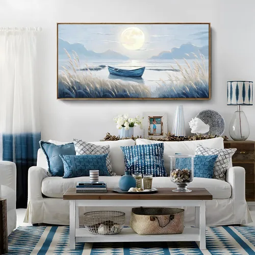 Vista 14 de Arte de pared para baño, decoración costera, barco náutico en la playa, lienzo con imagen de gaviota del océano, paisaje marino, arte de granja