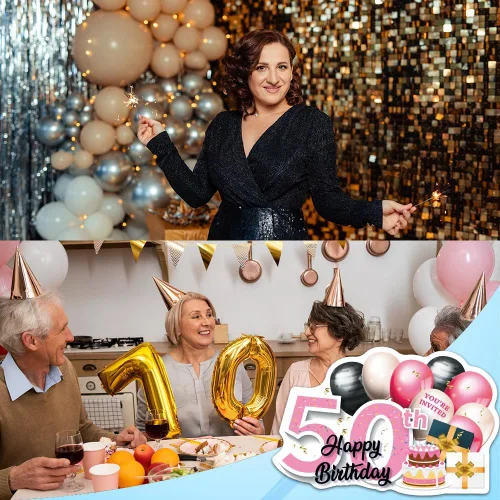 Vista 5 de ERHACHAIJIA 20 globos dorados rosados y negros y tarjetas de invitaciones en forma de pastel con sobres, divertidas fiestas de cumpleaños 50