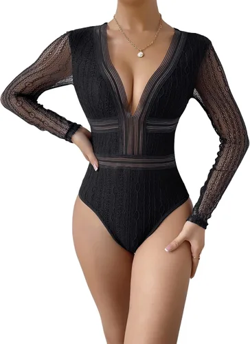 Vista 4 de SweatyRocks Body de malla transparente con cuello en V profundo y manga larga para mujer