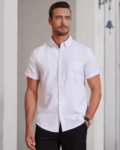 Vista 4 de Alimens & Gentle Camisa Oxford de manga corta para hombre, ajuste regular, cuello abotonado, con bolsillo