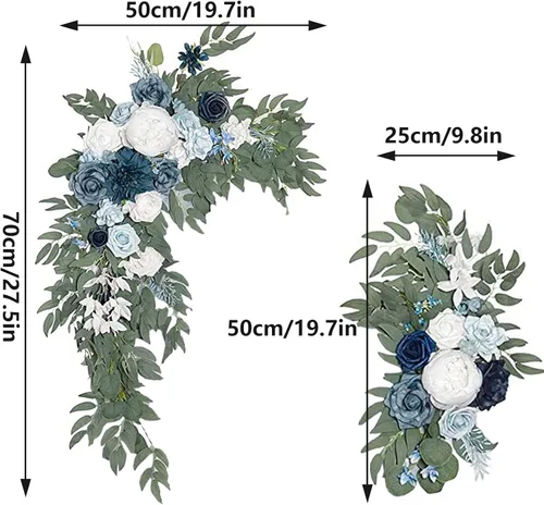 Vista 2 de Kit de flores artificiales azules para arco de boda, 2 piezas de guirnaldas de peonía de seda, letrero de bienvenida, guirnalda floral