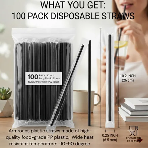 Vista 4 de [Envueltos individualmente] Pajitas de plástico, pajitas desechables negras de 10 pulgadas de largo, paquete de 100