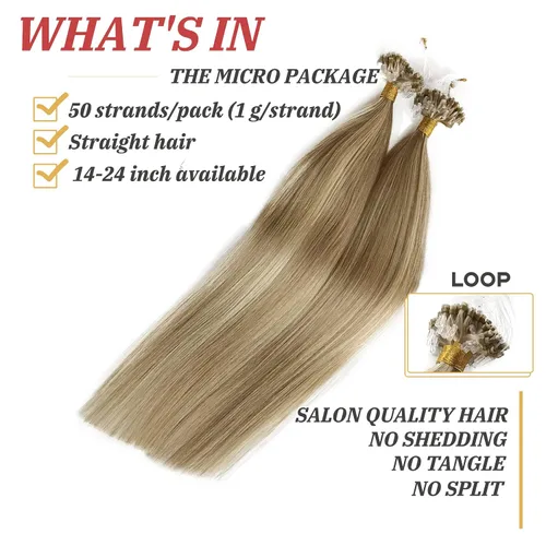 Vista 2 de Extensiones de cabello Microlink con reflejos, cabello humano lacio de 14 pulgadas, rubio caramelo resaltado, 50G/50S