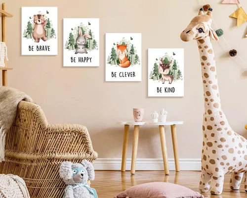 Vista 4 de Creoate Arte de pared para decoración de habitación de niños, 4 piezas de imágenes de animales lindos con citas inspiradoras, lienzo impreso, juego
