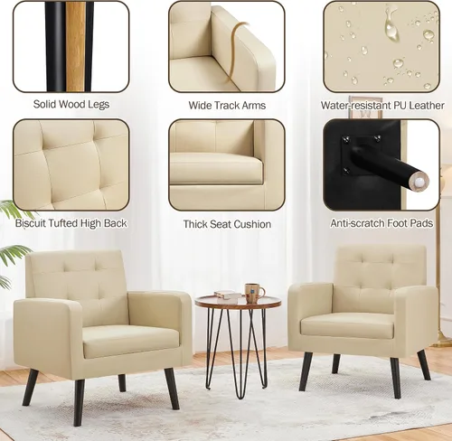 Vista 6 de Yaheetech - Sillas de acento de mediados de siglo, silla moderna tapizada de piel sintética para sala de estar, sillón acogedor con respaldo