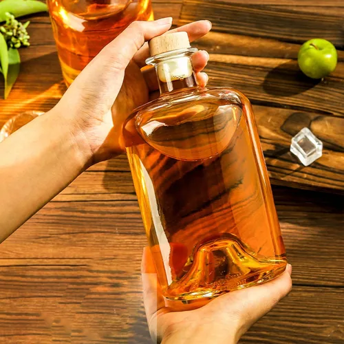 Vista 6 de Paquete de 2 botellas de licor de vidrio transparente de base pesada de 25 onzas con tapas de madera en T, botellas de vino transparentes, botellas