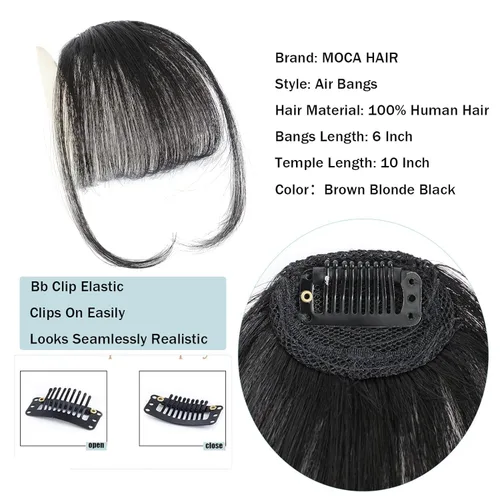 Vista 2 de MOCA HAIR Flequillo con clip, 100 % cabello humano, con pinzas de cabello humano real, color marrón oscuro con sienes, extensiones de flequillo
