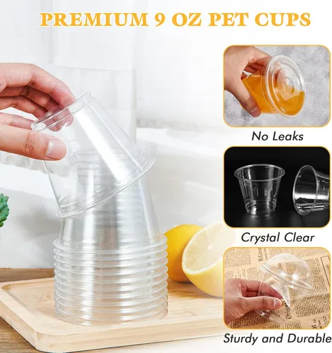 Vista 3 de Vplus Paquete de 200 vasos de plástico PET de 9 onzas con tapas planas, vasos de plástico desechables de cristal para parfait, frutas, postres