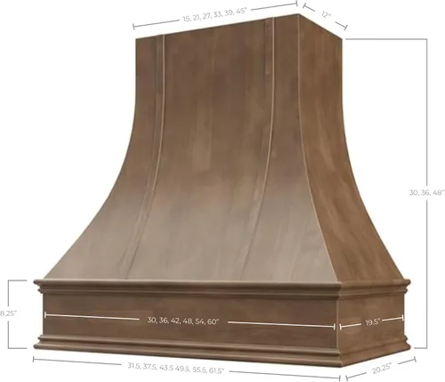 Vista 3 de Cubierta curvada para campana extractora de nogal americano con molduras decorativas, cubiertas de madera para campana extractora de pared, madera