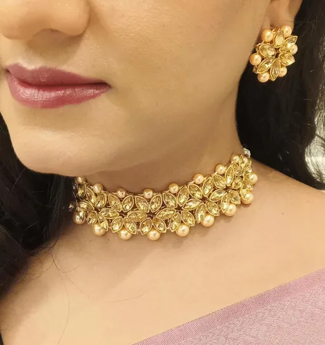 Vista 3 de Efulgenz Juego de collar y aretes de perlas tradicionales de Kundan de imitación de Bollywood indio, Cobre, no conocido