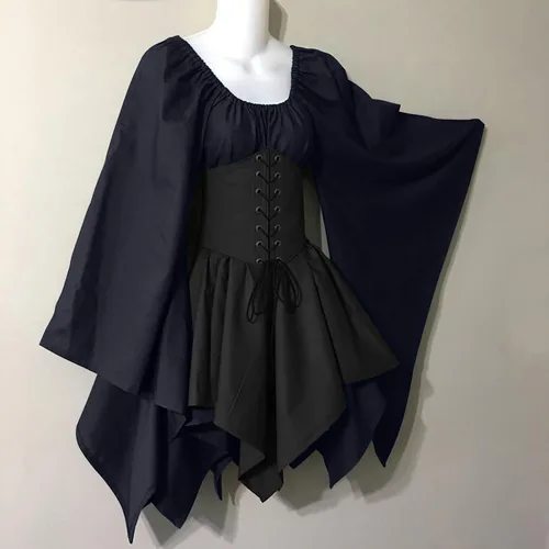 Vista 3 de JURANMO Vestido irlandés tradicional para mujer, disfraz medieval renacentista, manga acampanada, falda de corsé, vestido gótico victoriano