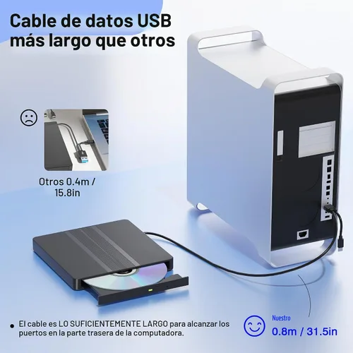 Vista 4 de Unidad externa ultrafina de CD y DVD con cable extralargo de 31.5 pulgadas
