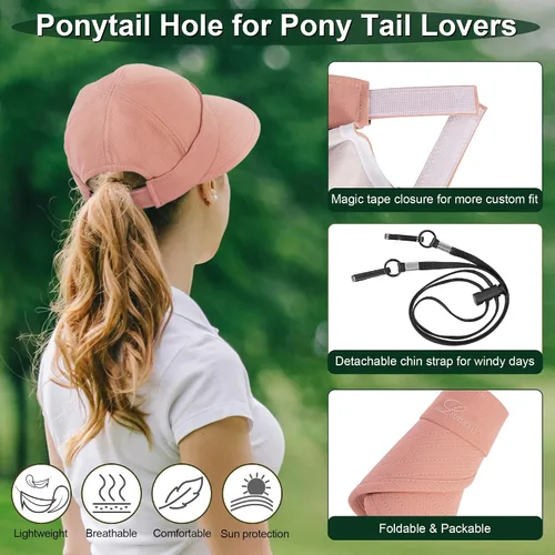 Vista 4 de Sombrero de sol para mujer, 2 en 1, con cremallera, protección solar, visera de playa, sombrero de golf plegable