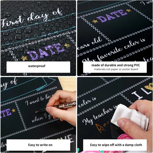 Vista 5 de Pizarra para tiza con diseño de unicornio con texto en inglés “First Day of School”. Pizarra para compartir fotos del primer y último día de clases.