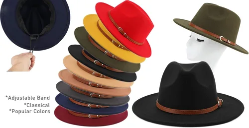 Vista 2 de Melesh. - Sombrero de fieltro clásico, de ala ancha y cinturón con hebilla, tipo Fedora.