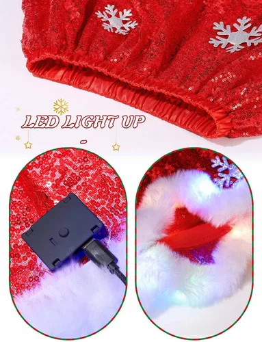 Vista 5 de REETAN Falda de lentejuelas de Navidad iluminada con copo de nieve, falda de vientre de Navidad brillante para mujeres y niñas, color rojo, Rojo