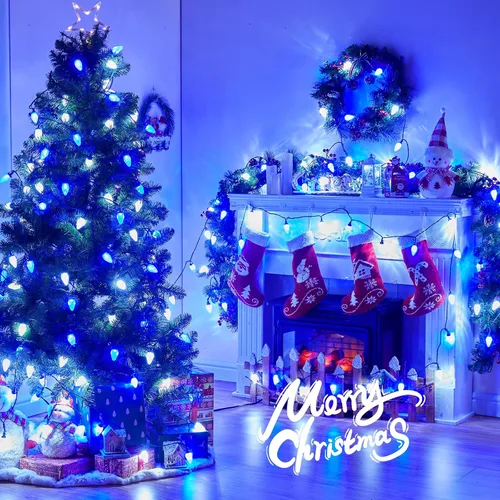 Vista 6 de Brightown Paquete de 2 Luces de Cadena LED C9 Azules y Blancas de Navidad - 33 pies 50 LED Luces de Cadena de Fresa Impermeables, Luces de Cadena