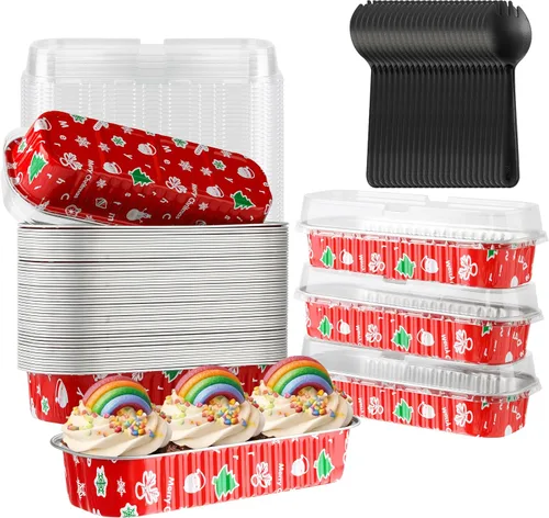Vista 8 de Mini Moldes para Pasteles con Tapas, 50PCS Moldes Rectangulares Desechables de 6.8OZ Ramekins Forros para Cupcakes con Tapas Moldes para Pan Mini