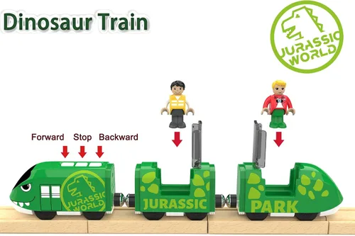 Vista 2 de Juego de tren de juguete para pistas de madera, tren a pilas para niños pequeños, tren motorizado con tren de dinosaurio para niños, juguete de tren