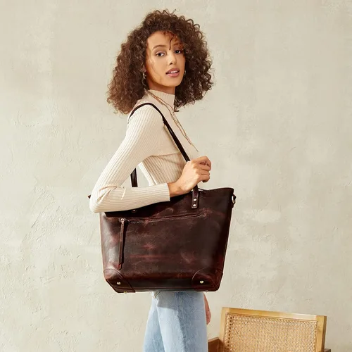 Vista 2 de S-ZONE - Bolso de mano de piel auténtica vintage para portátil, Bolsa de trabajo para mujeres con bolsillo trasero con cremallera