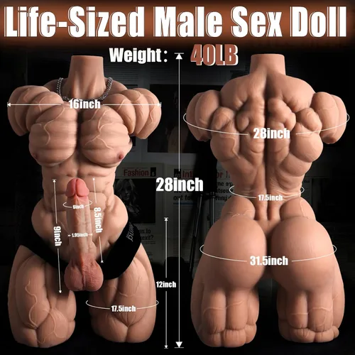 Vista 7 de Muñeca sexual realista de torso masculino de 40 libras para mujer, muñecas sexuales musculosas de tamaño real con esqueleto de metal y consolador