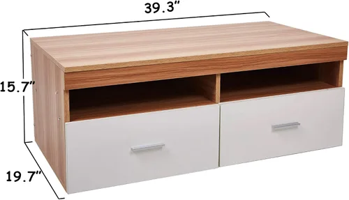 Vista 3 de Lucky Tree Mesa de café de 40 pulgadas, mesa de cóctel moderna de madera, cajón de almacenamiento blanco, diseño rectangular para sala de estar