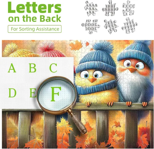 Vista 3 de Autumn Birds - Rompecabezas de 500 piezas para adultos, lindo paisaje natural de otoño, dibujos animados, pájaros bebés con sombreros de invierno