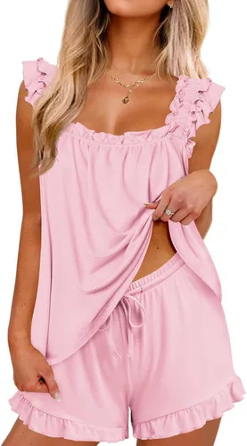 Vista 18 de Ekouaer Conjunto de pijama para mujer, conjunto de 2 piezas con volantes, camiseta sin mangas suave y pantalones cortos, conjunto de pijama de novia