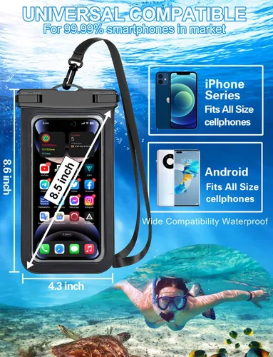 Vista 3 de Bolsa impermeable para teléfono, paquete de 2 fundas impermeables para teléfono blanco y negro, bolsa seca para teléfono celular, nivel