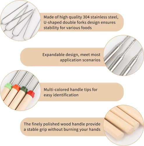 Vista 3 de 20 palitos largos de acero inoxidable para asar malvaviscos, palos de 31 pulgadas para hoguera, herramientas portátiles extensibles para perros