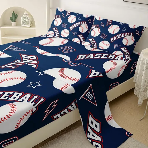 Vista 4 de QOOMO Sábanas de béisbol, sábanas deportivas para niños y adolescentes, bolsillo profundo de 16 pulgadas, juego de 4 piezas, tamaño individual