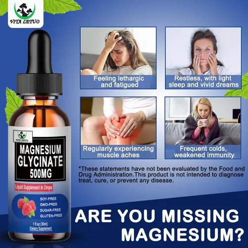 Vista 4 de Glicinato de magnesio puro Suplemento de magnesio líquido de 500 mg para sueño, nervios, huesos y salud cardíaca Gotas líquidas veganas