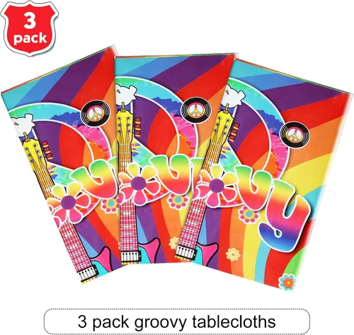Vista 3 de Tiamon 3 manteles de plástico estilo hippie retro para mesa rectangular, decoraciones de fiesta de arco iris desechables para fiestas de los años 60