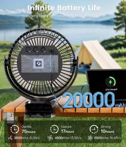 Vista 2 de Korbot Ventilador de clip de 8 pulgadas, batería portátil de 20000 mAh recargable con 3 velocidades y fuerte flujo de aire, ventilador USB