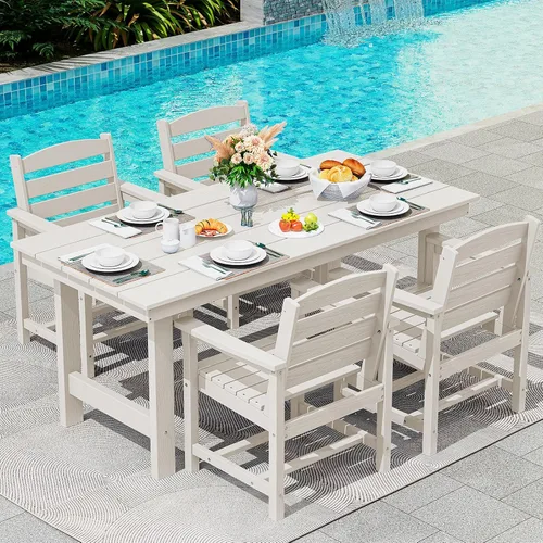 Vista 54 de SERWALL Juego de mesa de comedor de 7 piezas, muebles de comedor de polietileno de alta densidad para exteriores con agujero para paraguas y 6 Negro