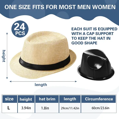 Vista 2 de Paquete de 24 sombreros Fedora de los años 20 a granel para hombres, sombreros de ala corta para el sol Panamá para mujeres, disfraz de fiesta