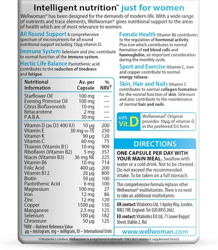 Vista 2 de Wellwoman Vitabiotics Advanced Fórmula de vitaminas y minerales con aceites de onagra y flor de mar, 30 cápsulas